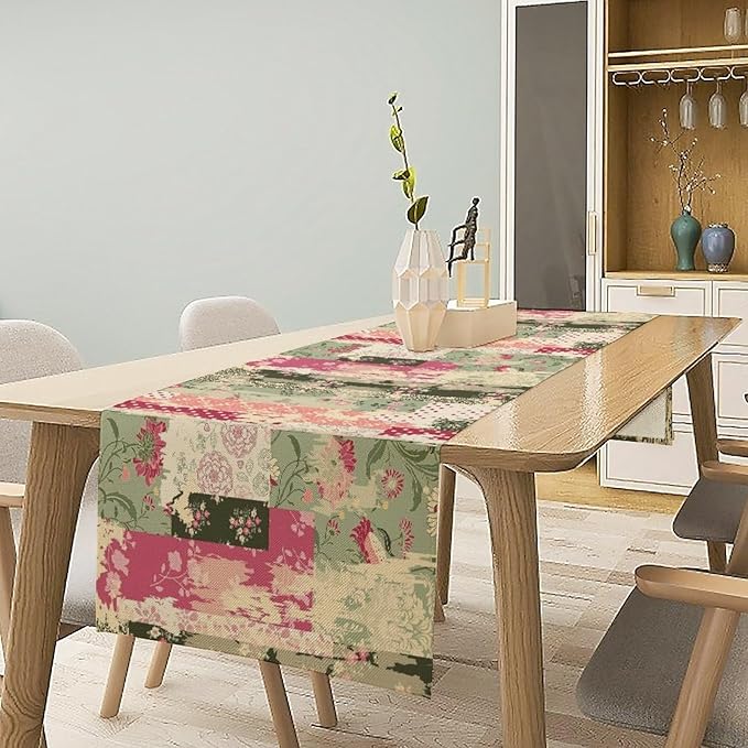 Patchwork Flower Table Runner,Abstract Colorful Floral Retro Style Hand Drawn Tablecloth Burlap for Hotel Indoors Outdoor Dining Room Kitchen Home Decor,W13X L36 in