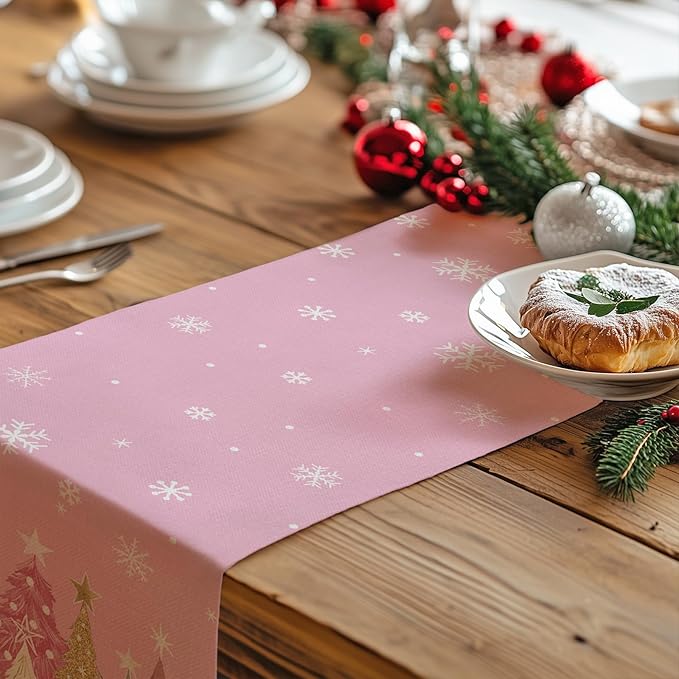 GEEORY Christmas Table Runner 13x120 Inch, Xmas Trees Snowflakes Holiday Decorative Farmhouse Table Decoration for Kitchen Dinning, Indoor Outdoor Dinner Party Decor (Pink) GT153-120