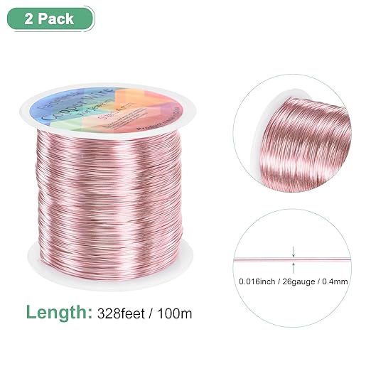2-Rolls 0.4mm Jewelry Wire, 26 Gauge 328FT Craft Wire Copper Beading Wire for Jewelry Making/Planting/Weaving/DIY Crafting, Soft Metal Wires [100M, Rose Golden]