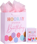 SUNCOLOR Large Birthday Gift Bag Set, Pink Balloon Theme, 13x10.2x6 Inch with Tissue Paper, Greeting Card, Envelope for Women and Girls Party Presents