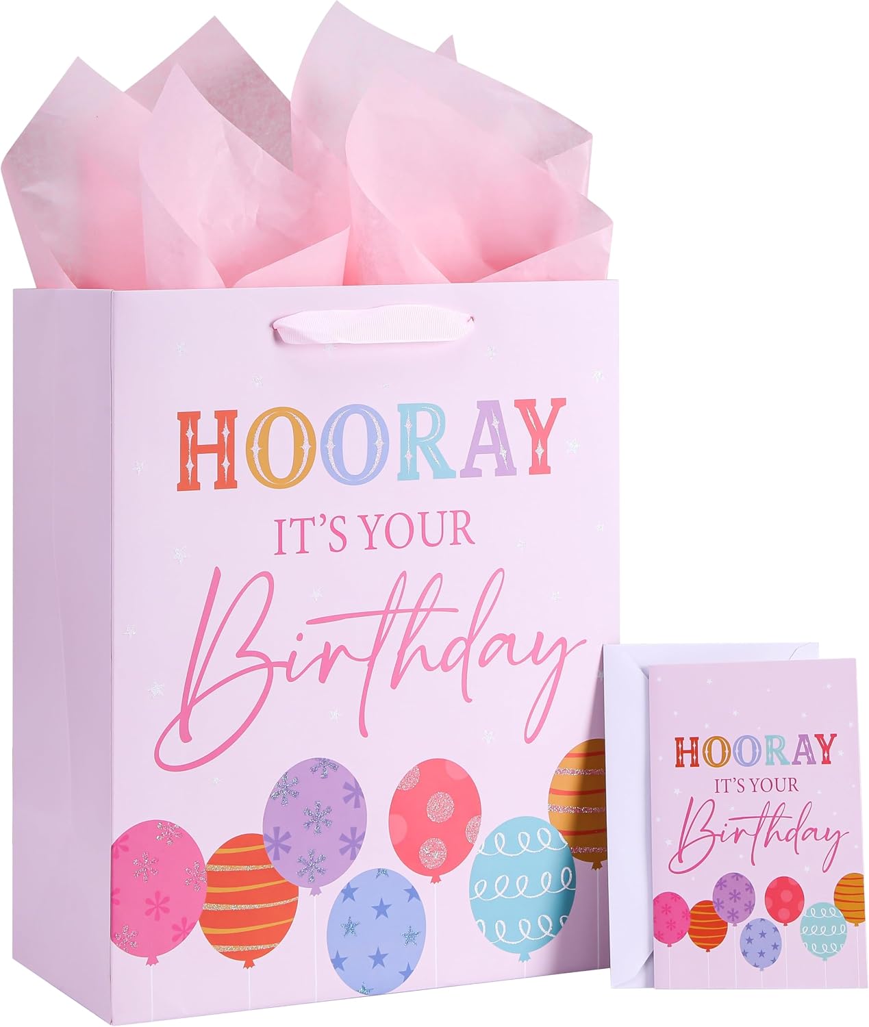 SUNCOLOR Large Birthday Gift Bag Set, Pink Balloon Theme, 13x10.2x6 Inch with Tissue Paper, Greeting Card, Envelope for Women and Girls Party Presents