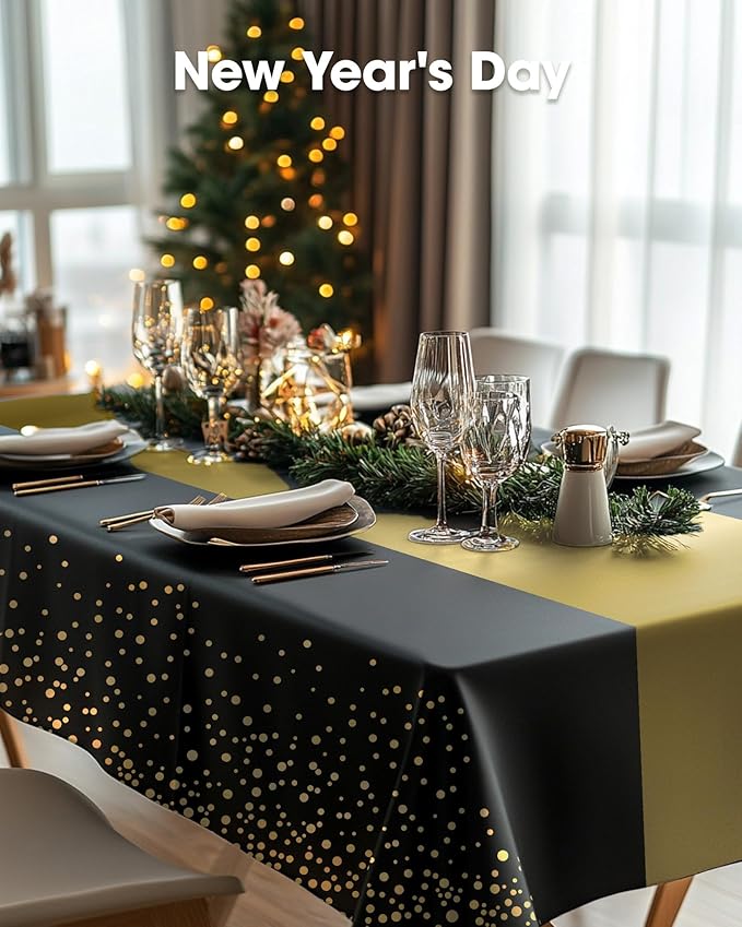 Pureegg Plastic Table Cloth Disposable 10 Pack, 54 x 108 Inch, Table Runner Style, Graduation Decorations 2025, Party Tablecloths, Rectangle, Plastic Cover, Leakproof & Sturdy, Black Gold