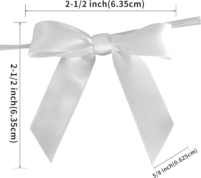 50pcs 2-1/2" White Satin Ribbon Bows with Twist Ties for Wedding Box Gift Wrapping Packing Christmas Decoration (White)