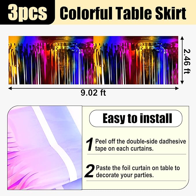 3 Pack 29x108 Inch Rainbow Foil Fringe Table Skirts Metallic Banner for Tinsel Streamer Garland Backdrop for Parade Floats Wedding Thanksgiving Birthday Christmas Halloween Party Decoration