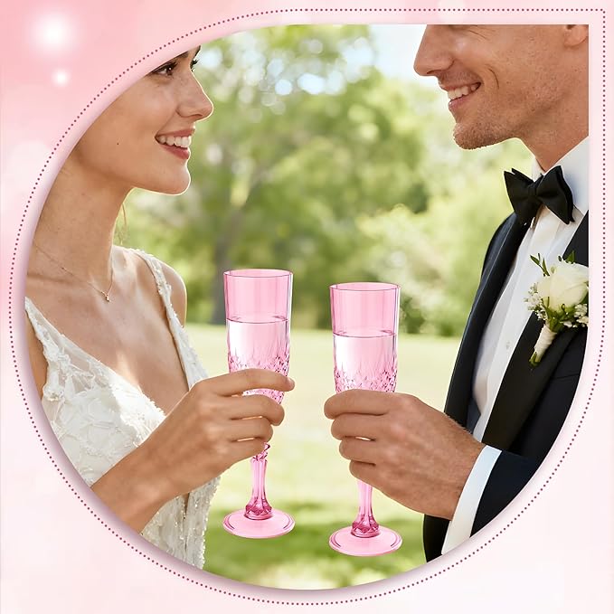 Plastic Champagne Flutes, 100PCS Pink Wine Glasses Goblets Cups Reusable Flute, for Weddings Bachelor Parties Toasting and Events(100, Pink)