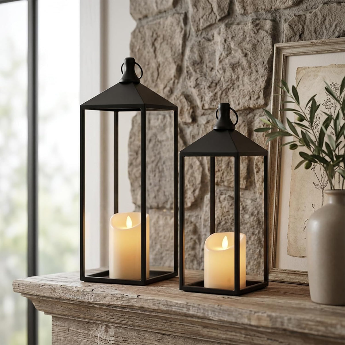 Lanterns Decorative Outdoor Indoor, 17" 13" Set of 2 Black Candle L...