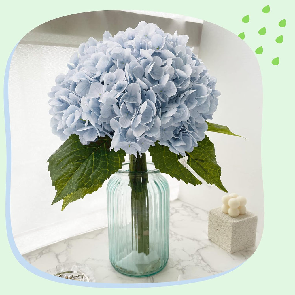 yatim 21in blue artificial hydrangea flowers with stems showing dimensions