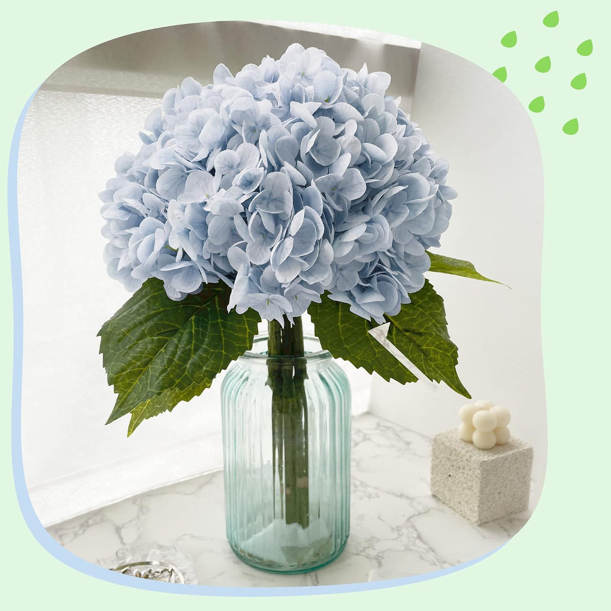 yatim 21in blue artificial hydrangea flowers with stems showing dimensions
