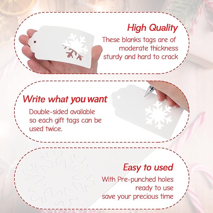 jijAcraft Christmas Gift Tags - 100Pcs Christmas Tags with String, Blank Xmas Name Labels, White Paper Hollow Trees, Rudolph, Snowflake Shapes Holiday Labels for Xmas Party Favors, DIY Crafts, Jar