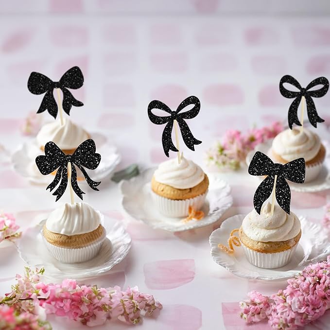 Gyufise 36Pcs Bow Cupcake Toppers Glitter Girls Birthday Decorations Bowknot Cupcake Picks Bow Tie Birthday Decorations Bow Cake Toppers for Bridal Baby Shower Bachelorette Party Supplies Black