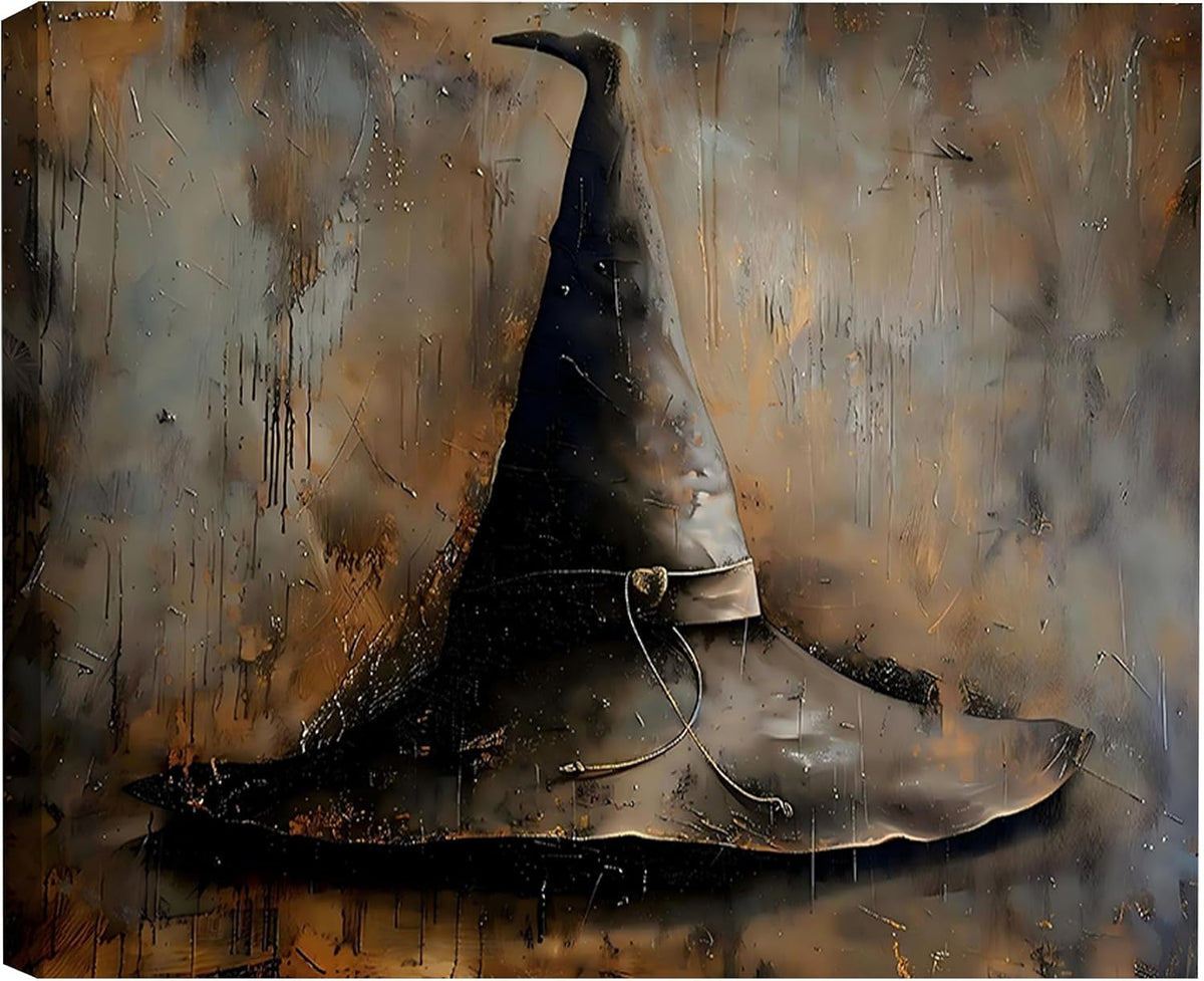 Framed Halloween Wall Art Witch Hat Canvas Prints Gothic Canvas Artwork Vinta...