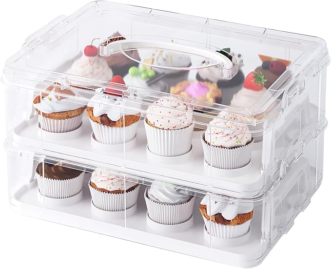 Two Tier Cupcake Carrier, White Stackable Cupcake Holder Carries for 24 Standard-Size Cupcakes, Reusable Detachable Cupcake Box