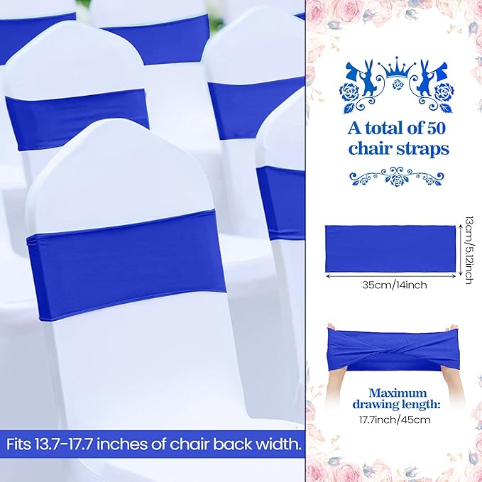 Kinlop 50 Pcs Spandex Chair Sashes Bows Chair Bands Slider Sashes for Covers Elastic Bands Ties Without Buckle Decorations for Wedding Party Events Ceremony Birthday(Blue)