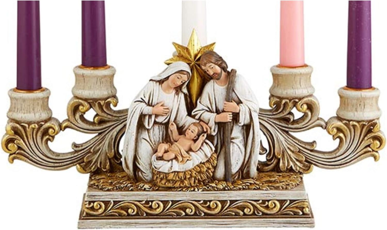 Needzo Advent Candle Holder, Gold Tone Holy Family Nativity Scene Centerpiece, Indoor Christmas Season Decoration, 11 x 6.5 Inches