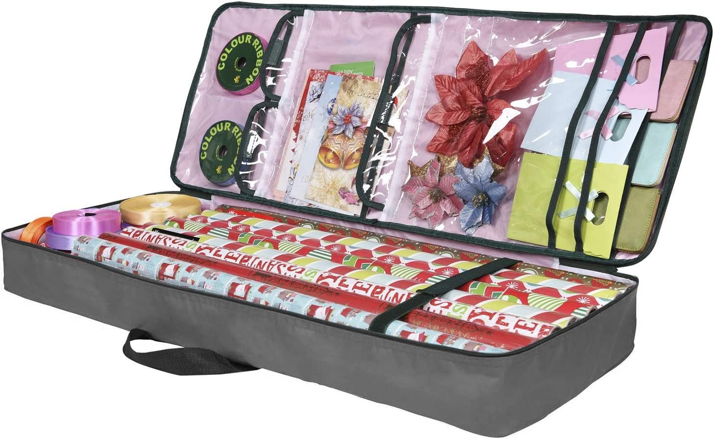 Christmas Wrapping Paper Storage Bag with Pockets | Gift Wrap Organizer Container | 37” x 14” x 4” | Underbed Durable Box Made of 600D Oxford Material (Gray)