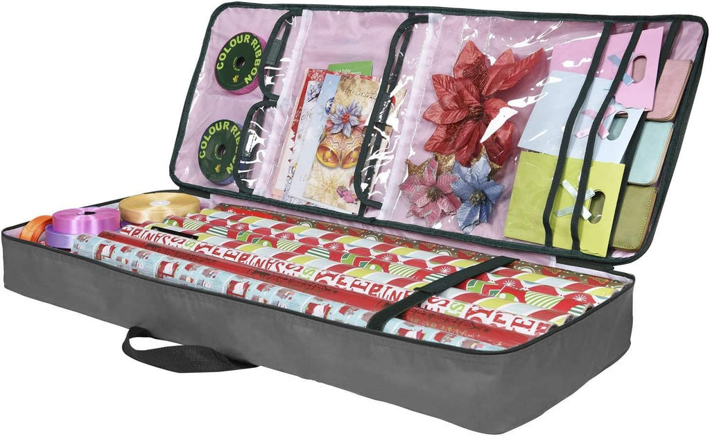 Christmas Wrapping Paper Storage Bag with Pockets | Gift Wrap Organizer Container | 37” x 14” x 4” | Underbed Durable Box Made of 600D Oxford Material (Gray)