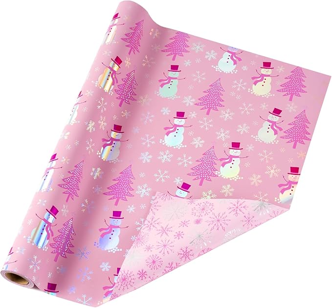 LeZakaa Christmas Pink Wrapping Paper Jumbo Roll, Snowman Christmas Tree & Snowflake Metallic Foil, Rose Gold Foil Reversible Design for Festive Winter Holiday, Family Gathering, 30 inches x 32.8 Feet