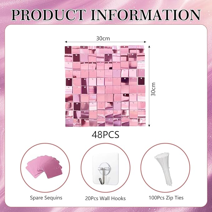 12PCS Light Pink Shimmer Wall Backdrop, Square Sequin Photo Backdrops Panel, Glitter Wall Background for Birthdays, Weddings, Christmas, Engagements, Disco Bachelorette Party Decoration (3FTx4FT)