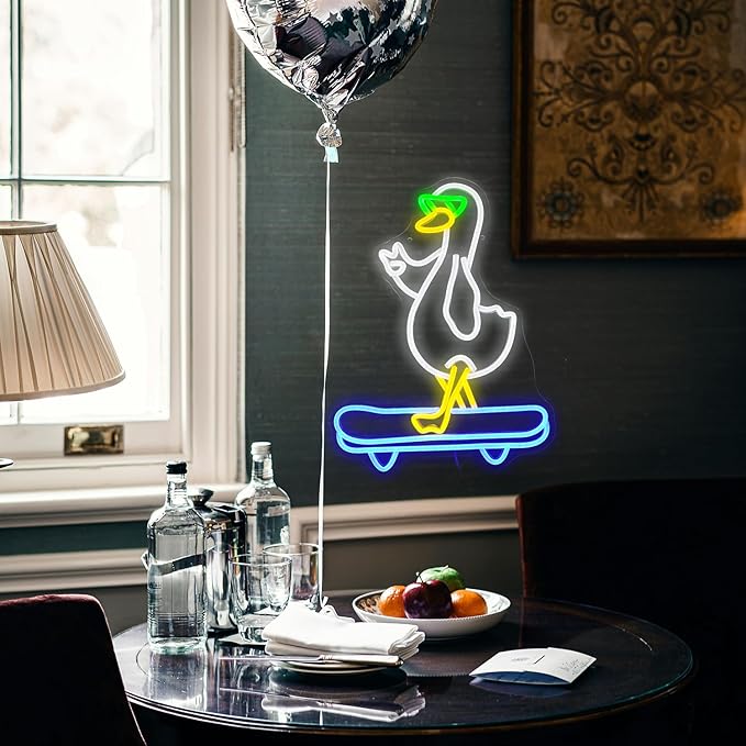 Duck Neon Sign Cool Skateboard Glasses Duck Neon Light for Wall Decor Dimmable Duck Light Up Sign Powered by USB for Living Room Kids Room Art Wall Decor Boys Girls Gifts (16.7”*12.8”)