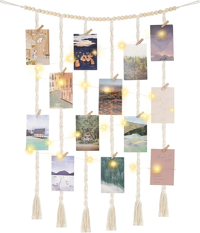 Mkono Macrame Hanging Photo Display Wall Decor with String Lights, Boho Wooden Beads Garland Collage Picture Card Frame Holder with 30 Clips for Bedroom Living Room Dorm, Teen Girls Christmas Gifts