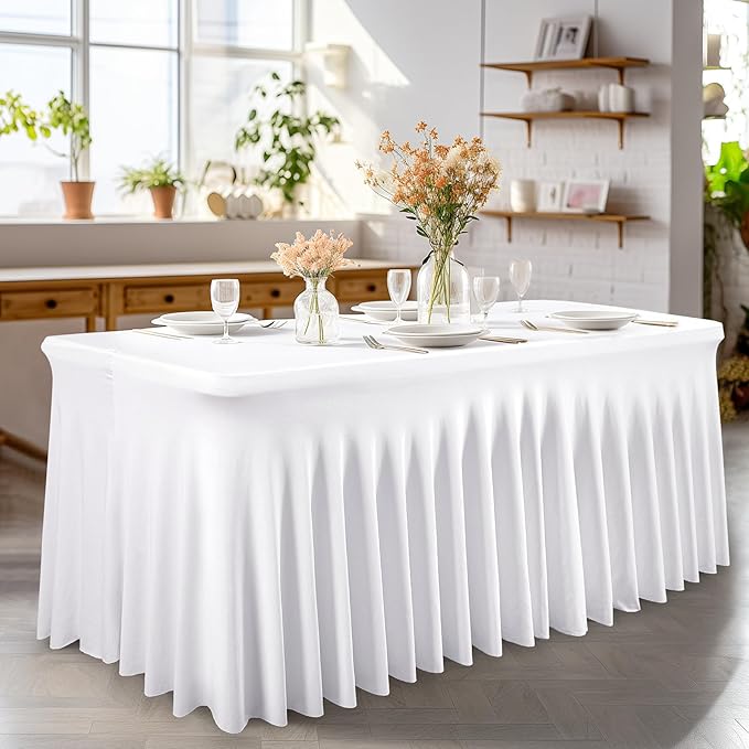 6 Pack White Spandex Table Clothes for 8 Foot Rectangle Tables, 8FT Wrinkle Free Fitted Tablecloths Ruffles Design Table Cover for Party, Banquet, Wedding and Events