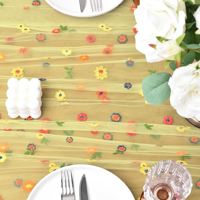 Joanlody Yellow Embroidery Daisy Fall Thanksgiving Table Runner Florals Seasonal Tulle Table Runner Holiday Kitchen Dining Table Decoration Wedding Party