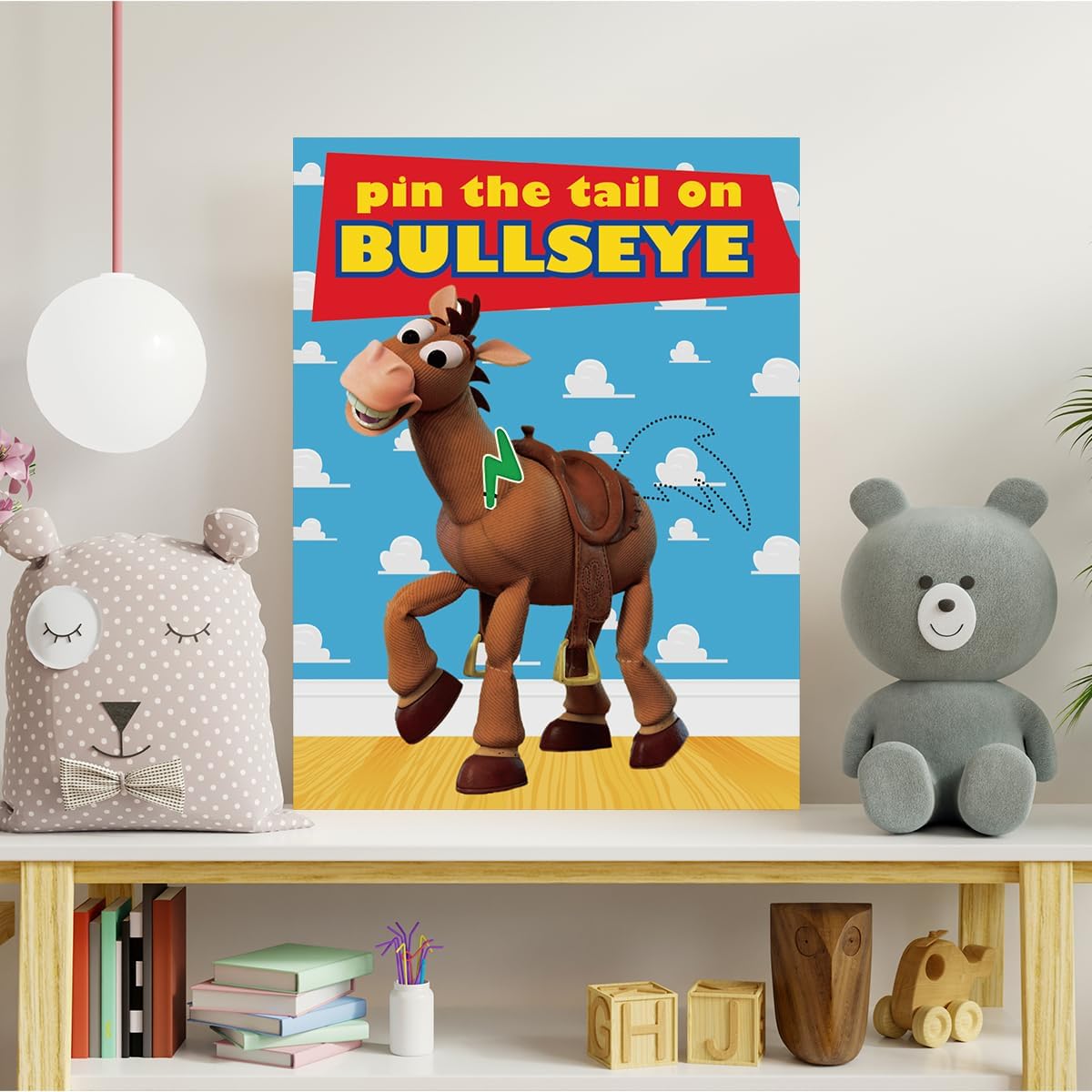 Toy Inspired Stories Party Supplies, Pin The Tail on The Bullseye Party Game, Large Poster 24PCS Reusable Tail Stickers for Kids Boys Birthday Party, Toys 4th Party Favors