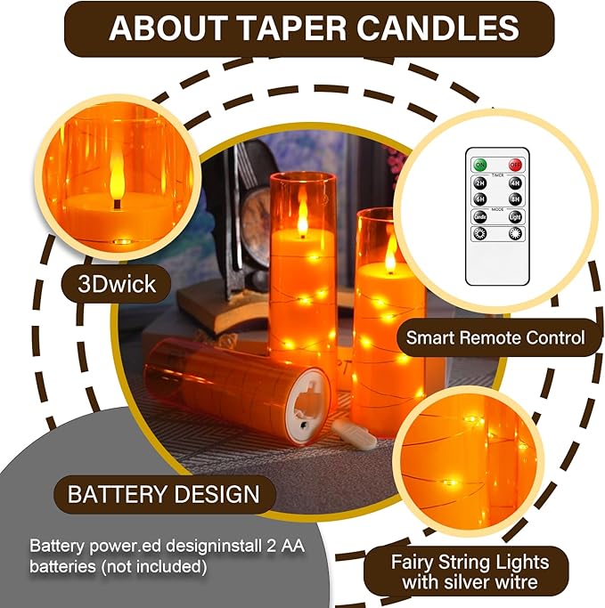 Flameless LED Candles with Timer 9 Pc Flickering Flameless Candles for Romantic Ambiance and Home Decoration Stable Acrylic Shell,with Embedded Star String，Battery Operated Candles（Orange）
