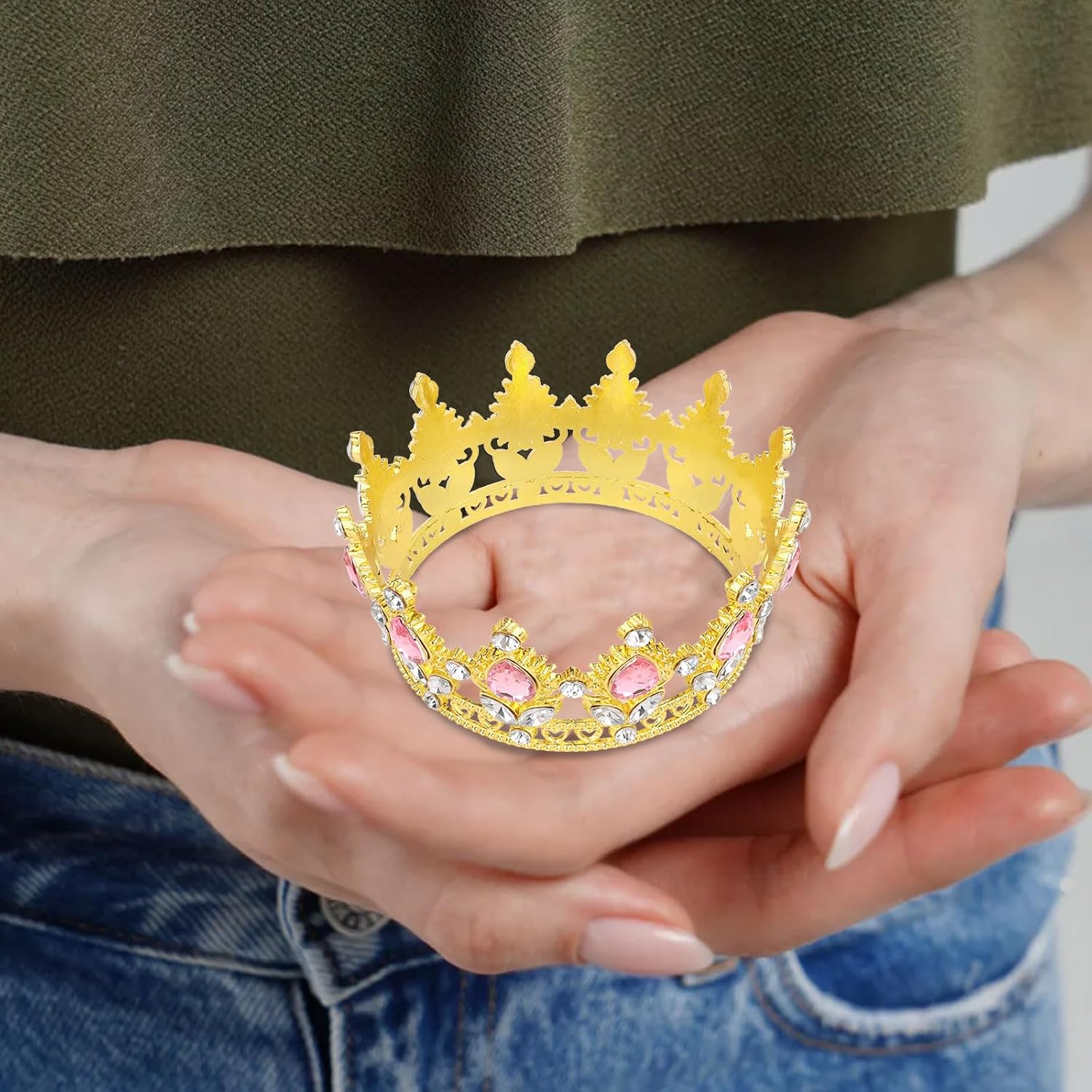 Crown Cake Topper Happy Birthday Cake Toppers Wedding Cake Toppers Mini Crowns for Flower Bouquets Party Decorations (Gold Pink)