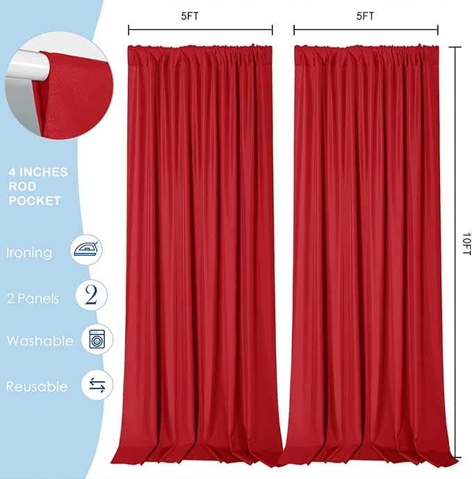 Sugargirl 10x10FT Red Backdrop Curtains Polyester Photo Backdrop Drapes Curtains 2 Panels with Rod Pockets for Party Birthday Wedding Photography Home Decoration
