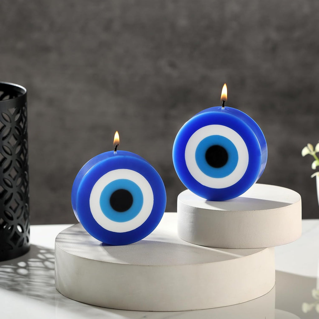 PROSPERRO LUMO by Parkash Candles Blue Evil Eye Candle Gift Nazar Home Decor Handmade Candles Desk Sculpture Decoration for House || Bedroom || Living Room || Set of 2 (Evil Eye - Round)