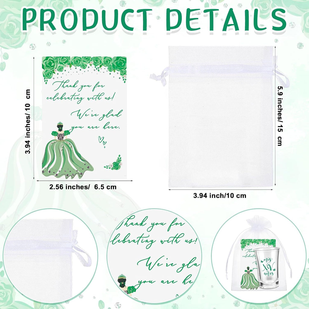 Havawish 50 Sets Quinceanera Party Favors for Guests Quinceanera Acrylic Clear Personalized Shot Glasses Thank You Cards with Organza Bags Mis Xv Años Sweet 15 Birthday Party Favors (Green)