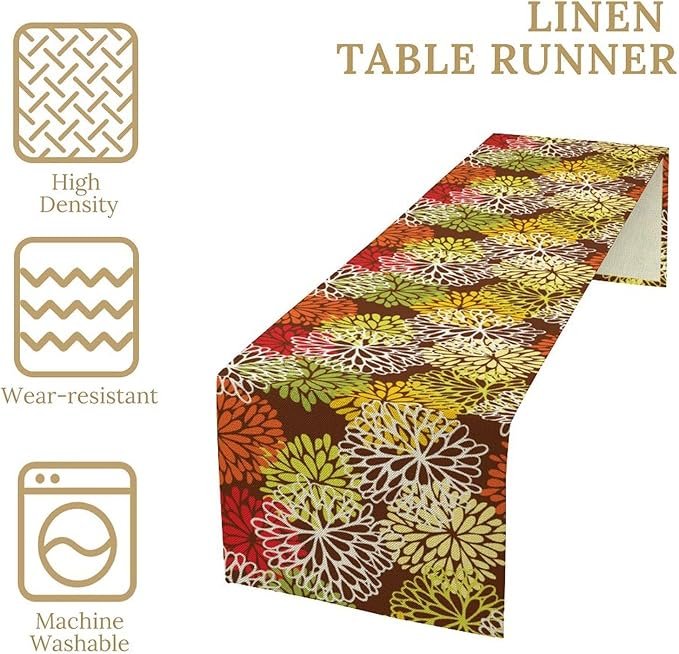 Brown Dahlia Floral Table Runner, Seasonal Autumn Thanksgiving Pattern Print for Home Kitchen Table Decor Dining Coffee Room Party Decor 13x90 Inch