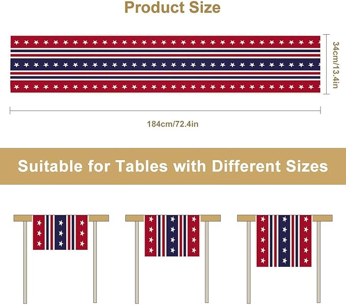 4th of July Table Runner, USA Flag Stars Stripes American Independence Day Red Blue White Stars Lines Print Table Cover for Farmhouse Kitchen Indoor Outdoor Home Party, 13x60inch