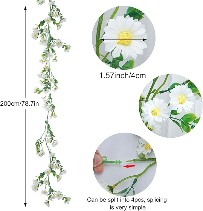 2 Pack White Flower Garland Artificial Daisy Silk Wildflower Hanging Flowers Fake Floral Vines Garland for Table Decoration Backdrop Wall Home Party Wedding Indoor Outdoor DIY Cemetery Decor