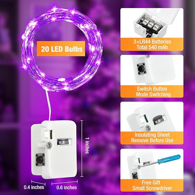 12 Pack Fairy Lights Battery Operated - 7ft 20 Led Twinkle Lights 3 Modes, Bulk Mini String Lights Waterproof for Halloween Holiday Mason Jars DIY Party Decoration Christmas-Purple