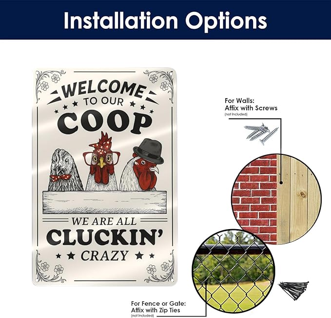 Funny Chicken Coop Sign - "Welcome to Our Coop" Rustic Farmhouse Chicken Decor for Coop or Home, 12" x 8" Metal Tin Sign