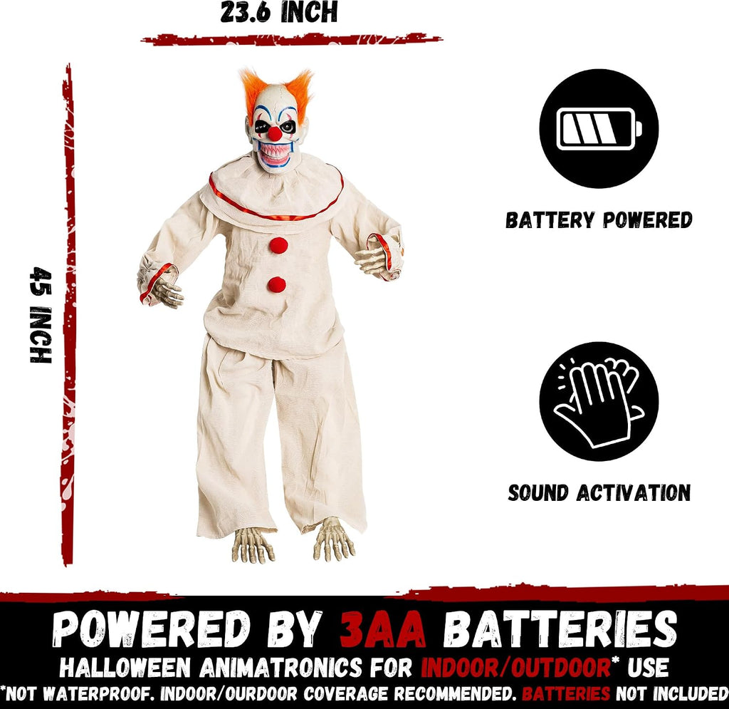 halloween animatronic sitting clown, halloween animated decorations with, side view