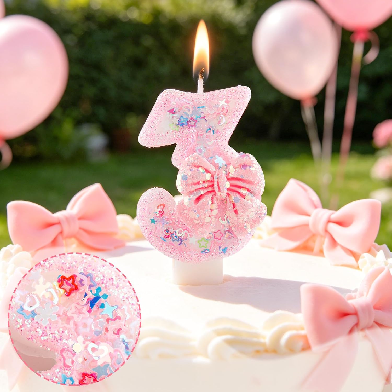 Pink Glitter Candle with Bow, Cute 5th Birthday Cake Topper, Number Candle with Confetti & Star Heart Decorations, Sweet Themed Birthday Party Supplies for Girls, Anniversary & Celebration Decor