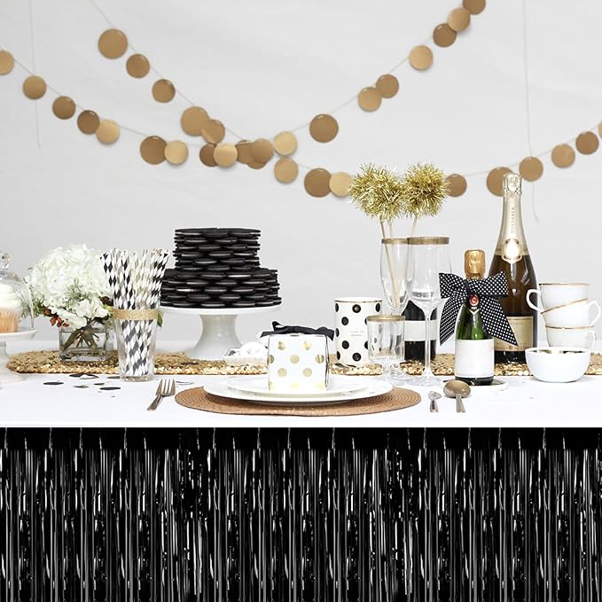 3 Pack 29x108 Inch Black Foil Fringe Table Skirts Metallic Banner for Tinsel Streamer Garland Backdrop for Parade Floats Wedding Thanksgiving Birthday Christmas Halloween Party Decoration