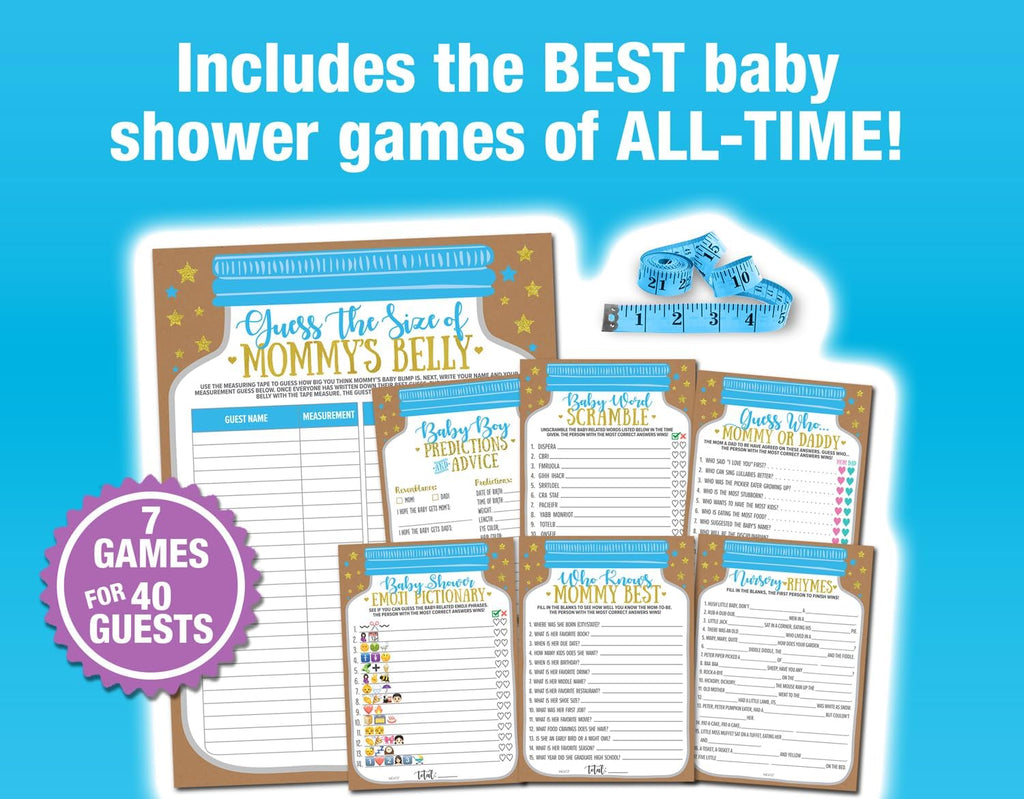 Neatz Baby Shower Games Boy - 7 Games Instant Fun - Baby Prediction Cards, Guess Who Mommy or Daddy, Word Scramble, Advice Cards, Pictionary, How Big is Mommys Belly, Babyshower Game