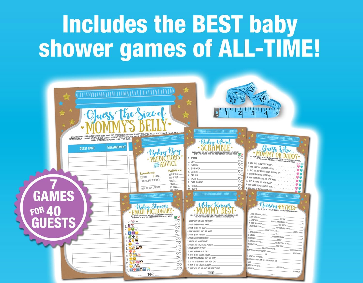 Neatz Baby Shower Games Boy - 7 Games Instant Fun - Baby Prediction Cards, Guess Who Mommy or Daddy, Word Scramble, Advice Cards, Pictionary, How Big is Mommys Belly, Babyshower Game