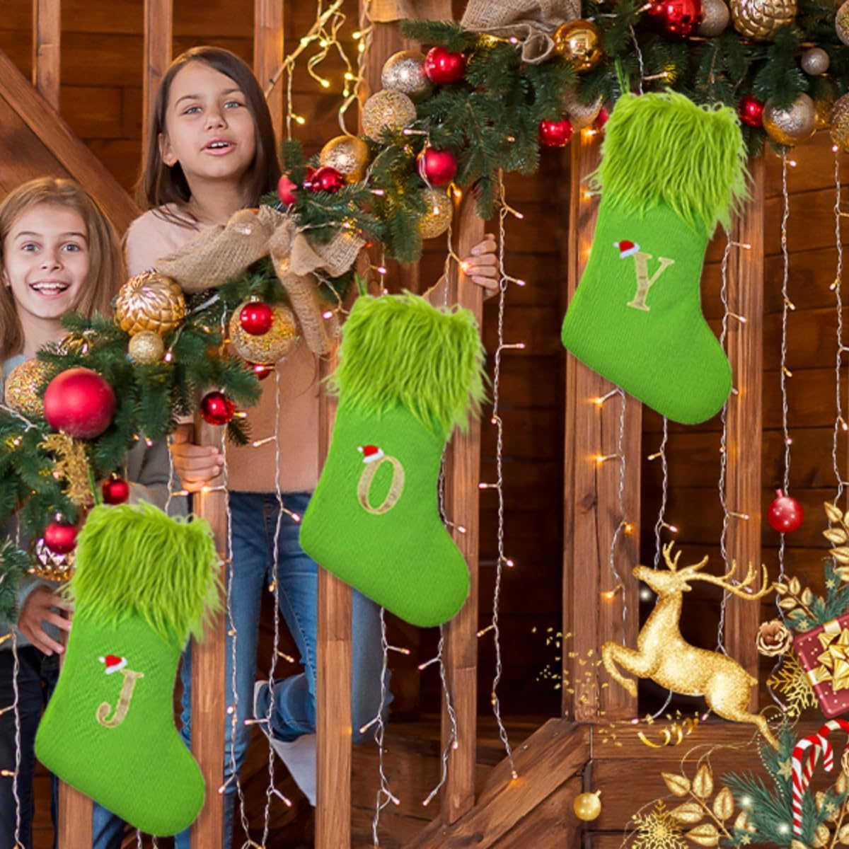 Green Christmas Stockings with Initials, 18” Knit Monogram Christmas Stockings with Golden Letter, Large Personalized Christmas Stocking for Christmas Tree Fireplace Home Decor