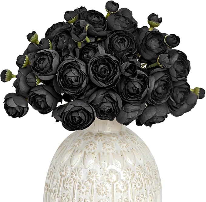Letjolt Ranunculus Artificial Flower 18 Pcs Black Silk Ranunculus Wedding Bouquet Engagement Centerpieces Arrangements Bridal Shower Decorations Home Decor, Black