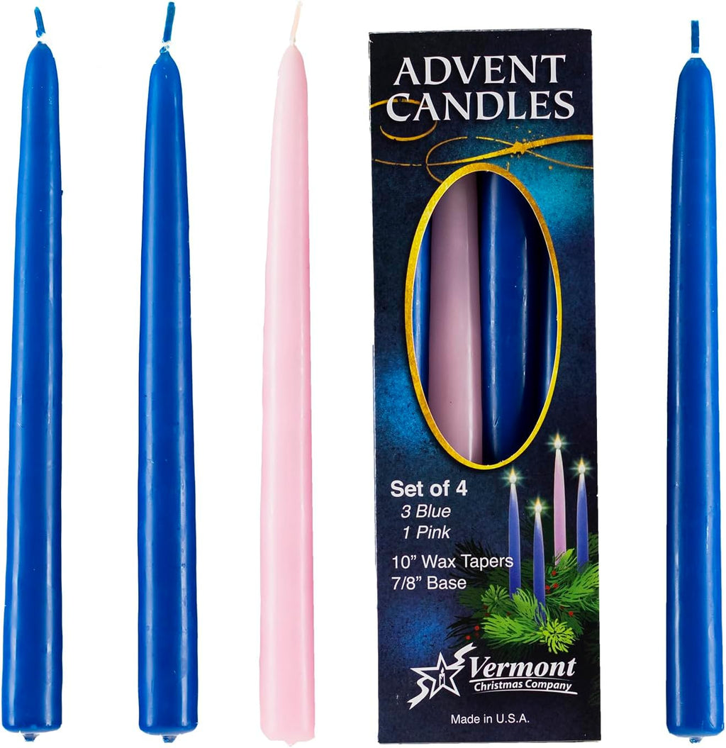 Blue Advent Candle Set - Made in The U.S.A. - 10 Inch Wax Taper Candles - 3 Blue Candles & 1 Pink Candle