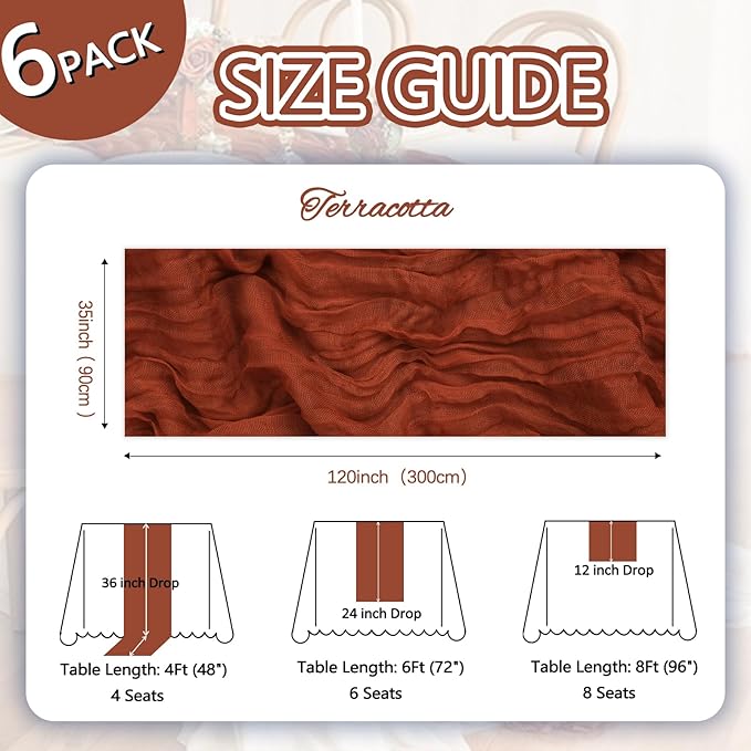 6 Pack Fall Thanksgiving Table Runner Terracotta Cheesecloth 10ft Boho Gauze Fabric Cheese Cloth Burnt Orange Table Runner 35 x 120 Inch Rustic Sheer for Wedding Décor Party Centerpiece Decoration