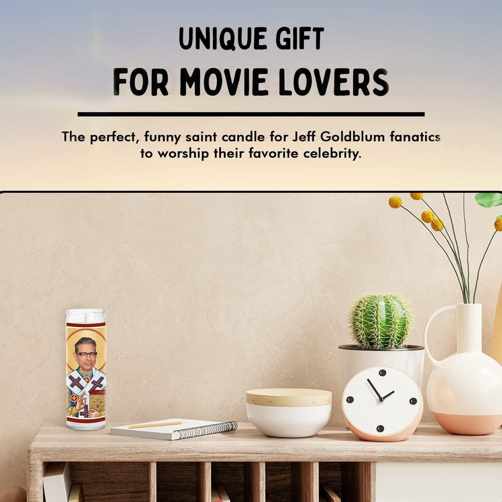 Goldblum Celebrity Glass Jar Candle – Unscented Handmade Soy Wax Votive Candle – Unique Gift for Movie Lovers – Home Decor Collectible for Living Room & Office – 8 Inch
