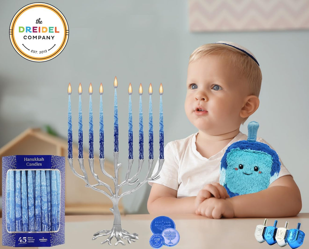 The Dreidel Company Hanukkah Candles Dripless Multi Blue Hued Frosted Deluxe Tapered Candles 1-Hour Burn Time Odorless 45 Candles for All Eight Nights of Hanukkah