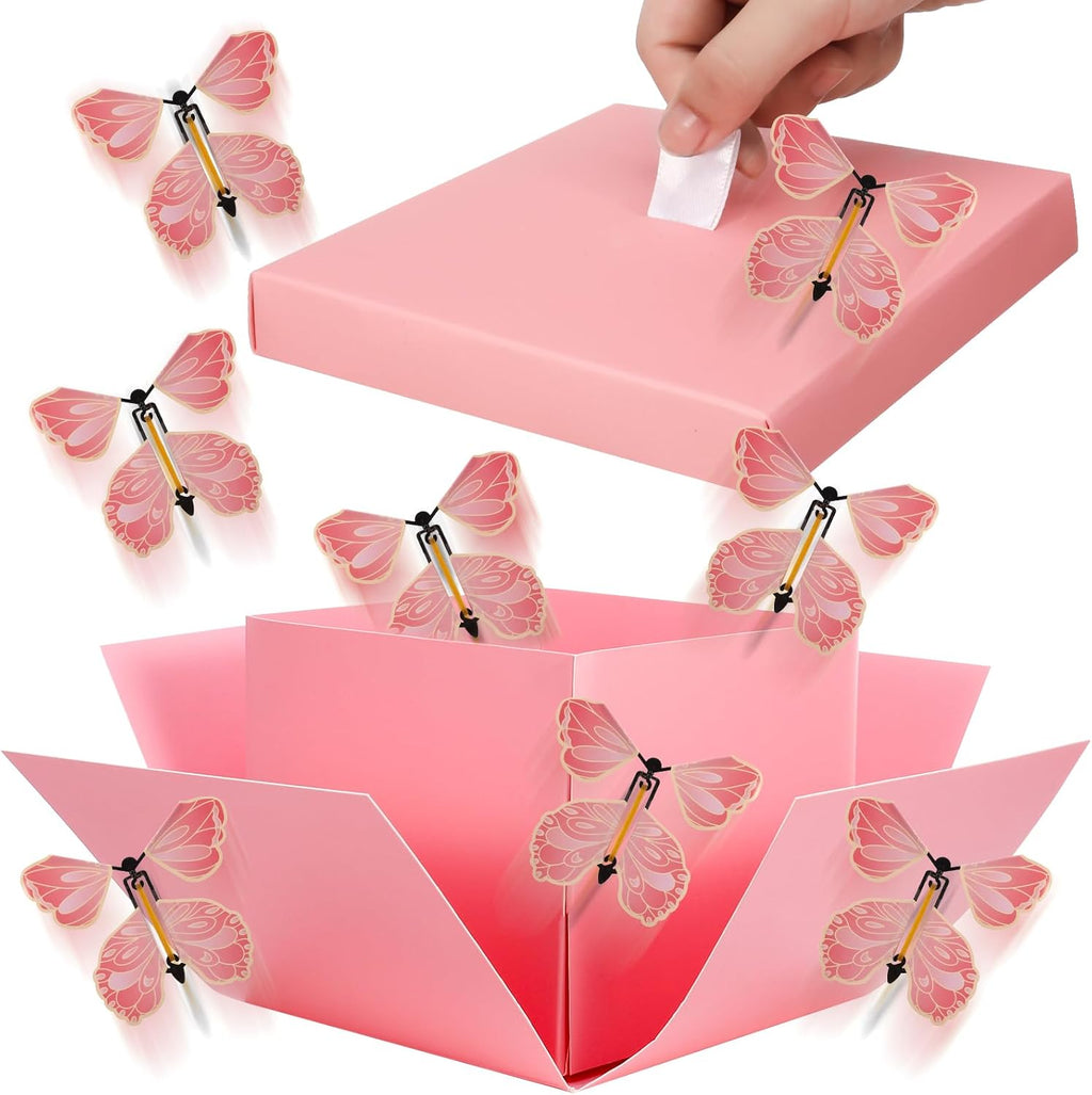 XLSXEXCL Butterfly Explosion Cardboard Gift Box, Flying Butterfly Surprise Box for Birthday, Wedding, Anniversaries, Christmas (Pink)