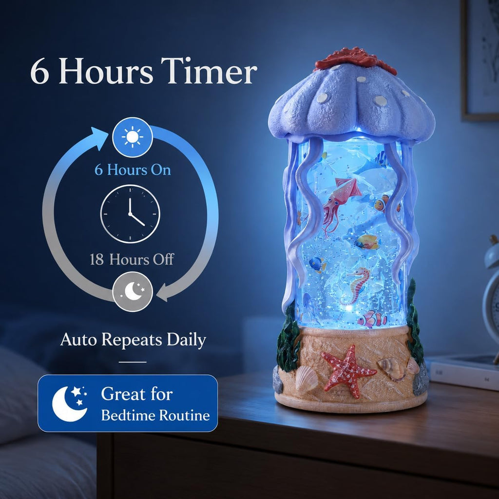 Jellyfish Night Light Water Snow Globe with Music and 2 Soothing Melodies, Rotating Ocean Scene Lamp with 6 Hours Timer, USB Powered or 3 AA Battery Operated Gift for Kids Adults Bedroom Nursery